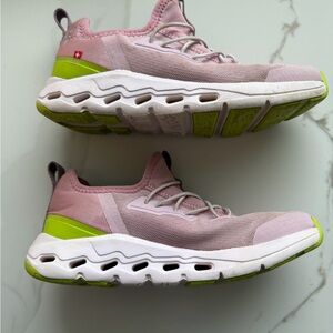 On Running Kids Pink and Lime Green Cloud Sneaker 13.5